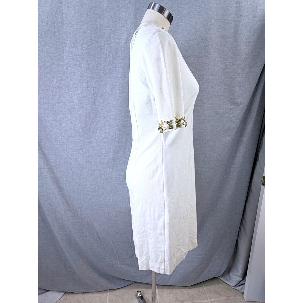 Eliza J Ivory Jewel Embellished Shift Dress Gold Beaded Neckline Size 8 - Picture 6 of 8